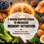 7 brain superfoods for memory retention with brain illustration and healthy foods like blueberries, salmon, walnuts, broccoli, turmeric, chocolate, and eggs.