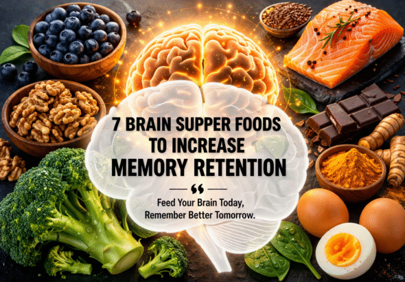 7 brain superfoods for memory retention with brain illustration and healthy foods like blueberries, salmon, walnuts, broccoli, turmeric, chocolate, and eggs.
