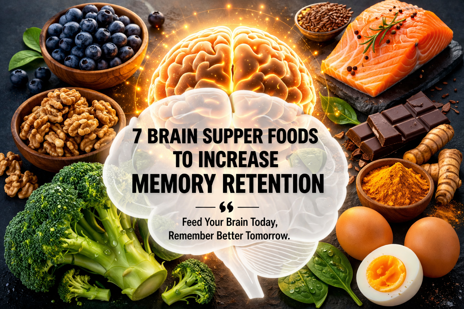 7 brain superfoods for memory retention with brain illustration and healthy foods like blueberries, salmon, walnuts, broccoli, turmeric, chocolate, and eggs.