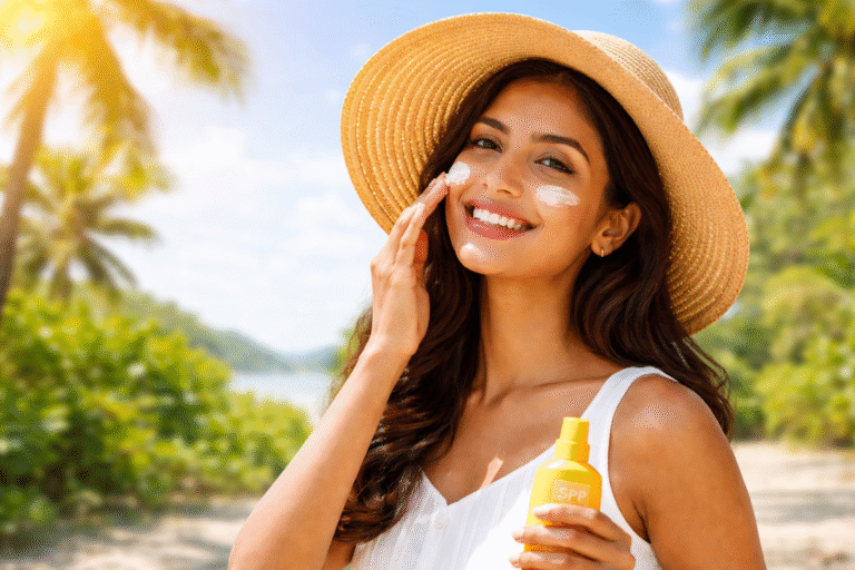 Young Indian woman wearing a summer hat applying SPF sunscreen on her face at a sunny beach to prevent tanning and protect her skin from UV damage.