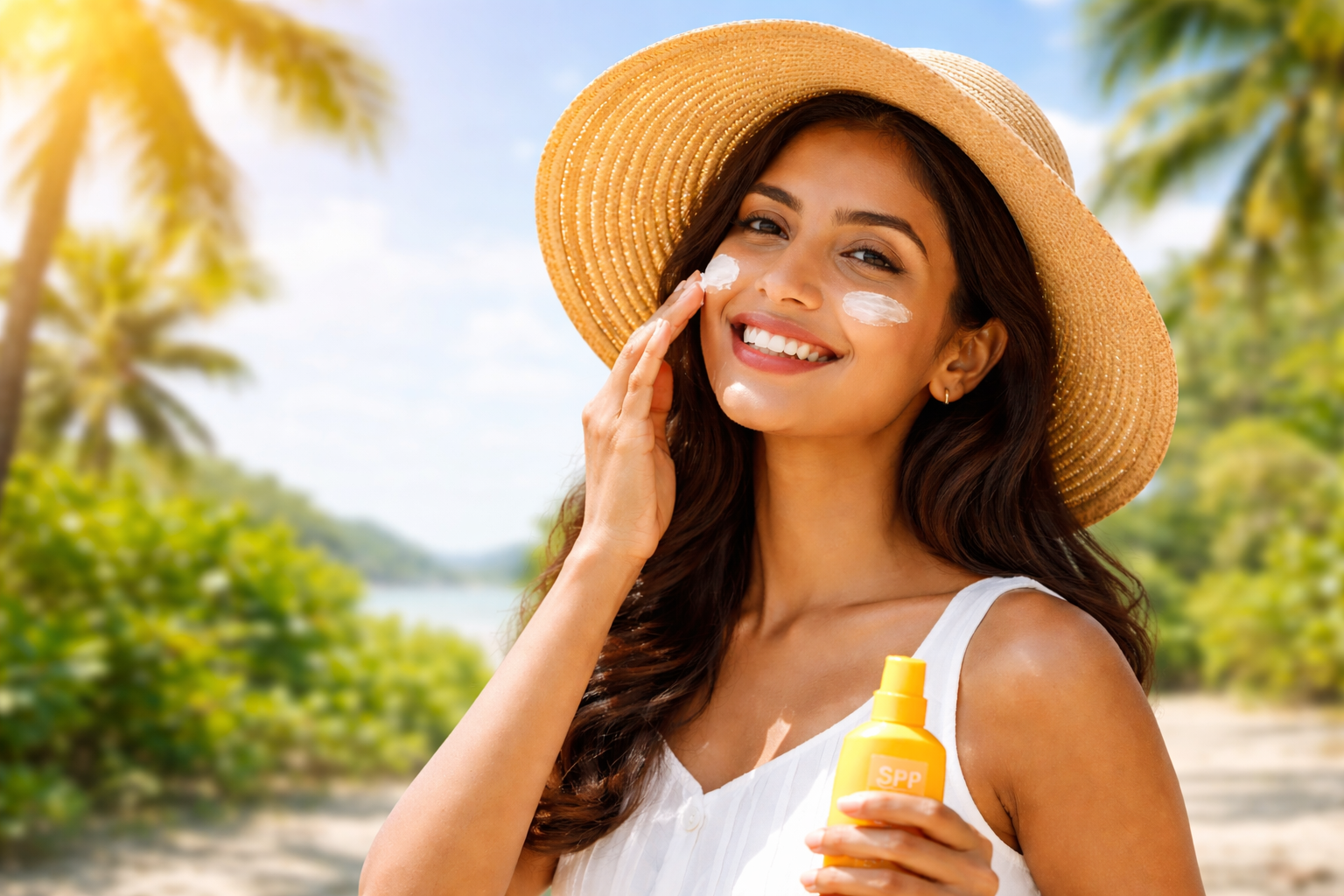 Young Indian woman wearing a summer hat applying SPF sunscreen on her face at a sunny beach to prevent tanning and protect her skin from UV damage.
